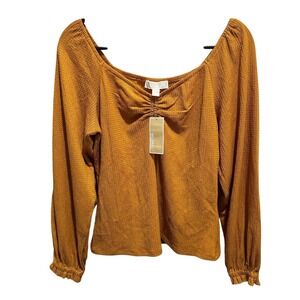 MICHAEL Michael Kors Women S Marigold Ruched Square Neck Long Sleeve Texture Top